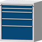 Schubladenschrank, Vollauszug HxBxT 1000x910x675 mm lichtgrau/enzianblau 5 Schubl.