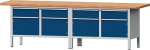 Werkbank 4Schubl. 4Türen BxTxH 2800x700x840 mm Buche massiv lichtgrau, RAL 7035 enzianblau, RAL 5010