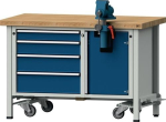Montagewerkbank Buche-Massiv BxTxH 1270x700x840mm, fahrbar, Farbwahl 50 mm 4 Schubladen