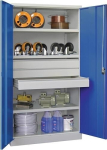 Schwerlastschrank 3 Böden, 3 Schubl. 120 HxBxT 1950x1040x630 mm lichtgrau/enzianblau, Pavoy Basic