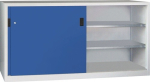 Schiebetürenschrank mit Vollblechtüren HxBxT 1000x1500x400 mm 4 Fachböden lichtgrau, Trennwand, Pavoy