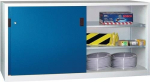 Schiebetürenschrank mit Vollblechtüren HxBxT 1000x2000x600 mm 4 Fachböden lichtgrau/enzianblau, Trennwand, Pavoy