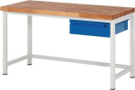 Werkbank 1 lade BxDxH 1500x700x840-1040 mm massief beuken Rau Basis lichtgrijs/ gentiaanblauw