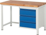 Werkbank 3 laden BxDxH 1250x700x840-1040 mm massief beuken Rau Basis lichtgrijs/ gentiaanblauw