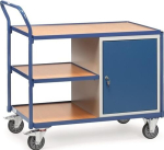 Table trolley 3 shelves, 1 cupboard Loading area 1000x600 mm, brilliant blue max. 300 kg, TPE tyres, Fetra 2632