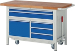 Werkbank 5 Schubladen 1 Tür absenkbar BxTxH 1500x700x920 mm Buche massiv lichtgrau, RAL 7035 enzianblau, RAL 5010