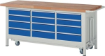 Werkbank 12 Schubladen 1250 kg BxTxH 2000x700x880 mm Buche massiv lichtgrau, RAL 7035 enzianblau, RAL 5010