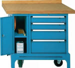 Workbench 4 drawers Door Cable reel BxTxH1000x700x850mm Buche-Multiplex light blue RAL 5012, Lokoma