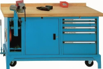 Workbench 5 drawers Door Cable reel BxTxH1500x700x850mm Buche-Multiplex light blue RAL 5012, Lokoma