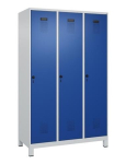 Garderobenschrank, 3 Abteile lichtgrau, RAL 7035/enzianblau, RAL 5010 Füße 1200 mm, C+P Evolo PLUS