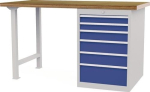 Werkbank 6 x Schubladen Türen B1500xT750xH859mm Buche-Multiplex lichtgrau / signalblau
