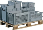 Transportstapelbehälter ohne Deckel LxBxH 600x400x320 mm, PP grau Durchgriffe, Seiten druchbrochen, Unista