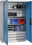 Flügeltürenschrank, 4 Böden 3 Schubladen HxBxT 1950x1200x500 mm lichtgrau RAL7035 Trgf.110 kg, C+P