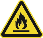 Waarschuwingsbord 200x200, brandbare stoffen zwart/geel ASR A1.3/DIN EN ISO 7010