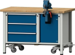 Montagewerkbank Buche-Massiv 1270x700x840mm, fahrbar, 3x180 Schubladen